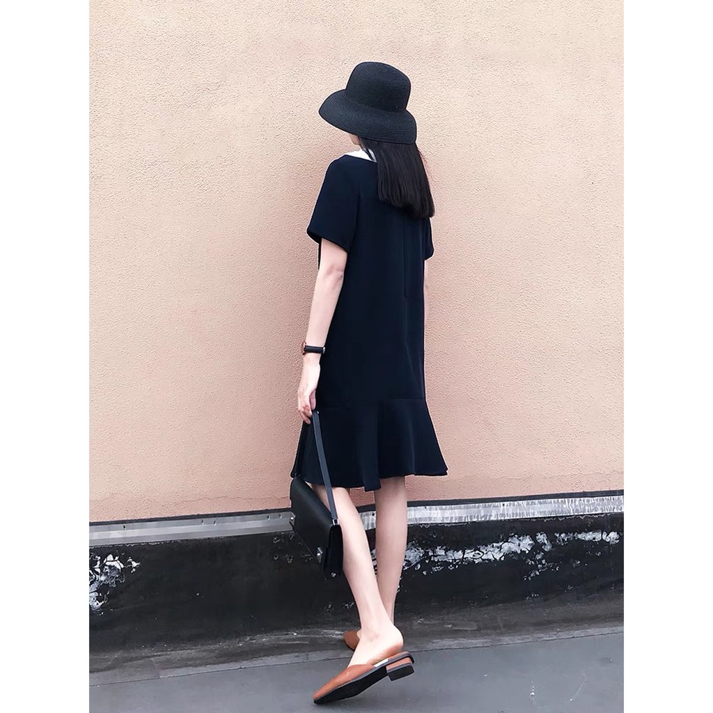 Váy bầu bigsize thiết kế GuMe dáng suông đuôi cá xéo phối cổ bèo chất vải sạn lụa cao cấp size từ 40-100kg MB241