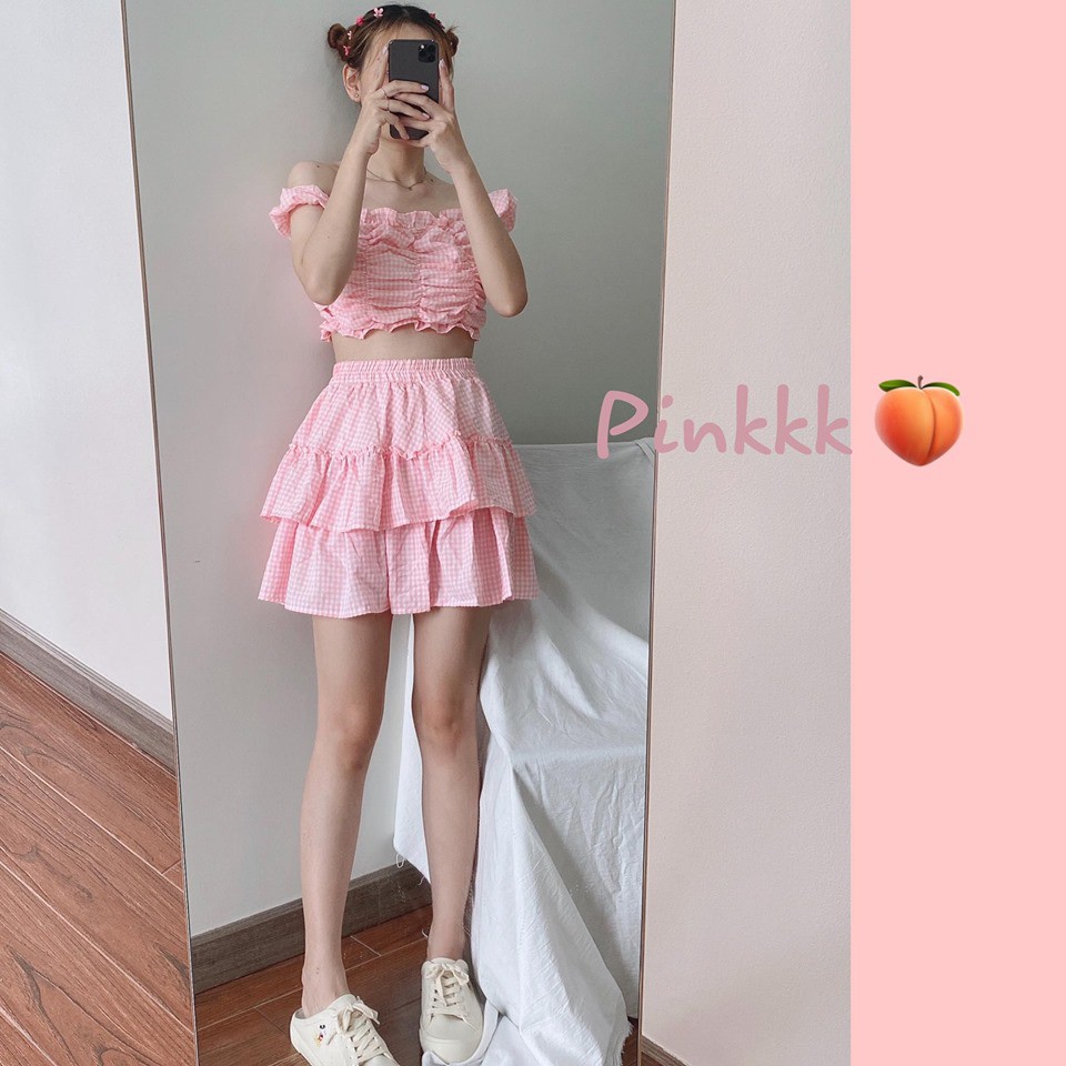 Set Váy caro YAYSHOP phong cách tiểu thư dáng xòe họa tiết caro chân váy xếp tầng
