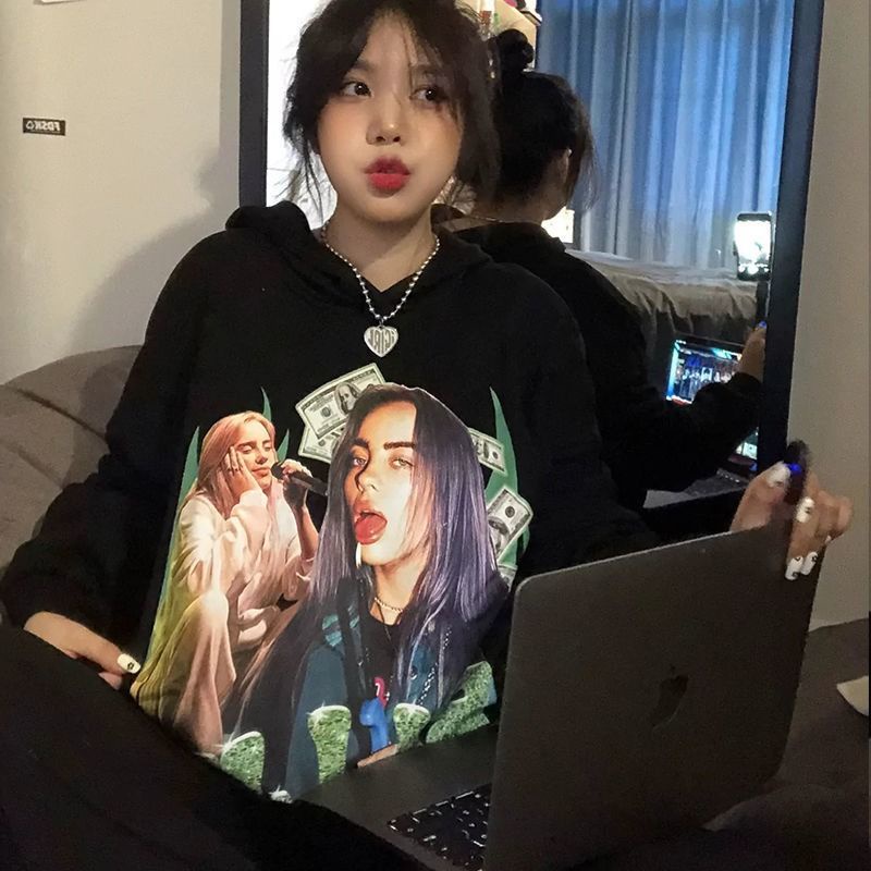 Áo Hoodie Dáng Rộng Màu Đen Thời Trang Cho Nữ