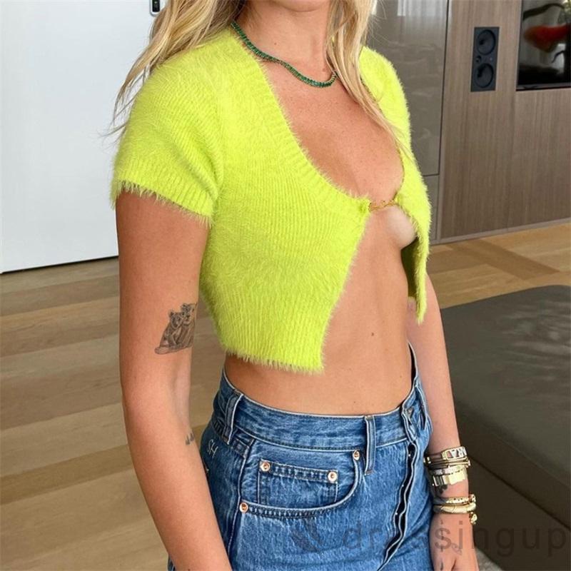 Áo cardigan tay ngắn phối dây xích kim loại thời trang cho nữ
