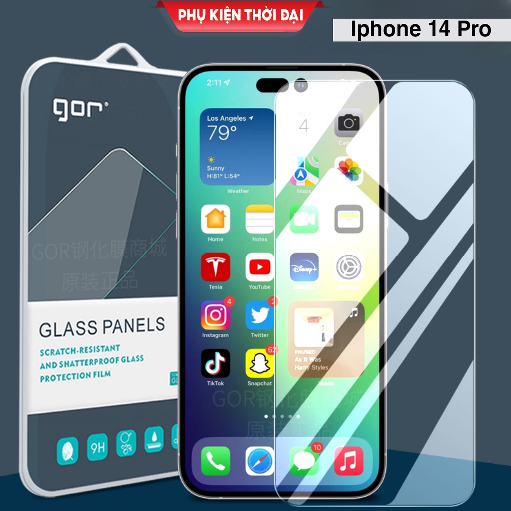 Cường lực Iphone 14 Pro hiệu Gor trong suốt trơn mượt chất kính đẹp hạn chế vân tay ( tặng keo mép )