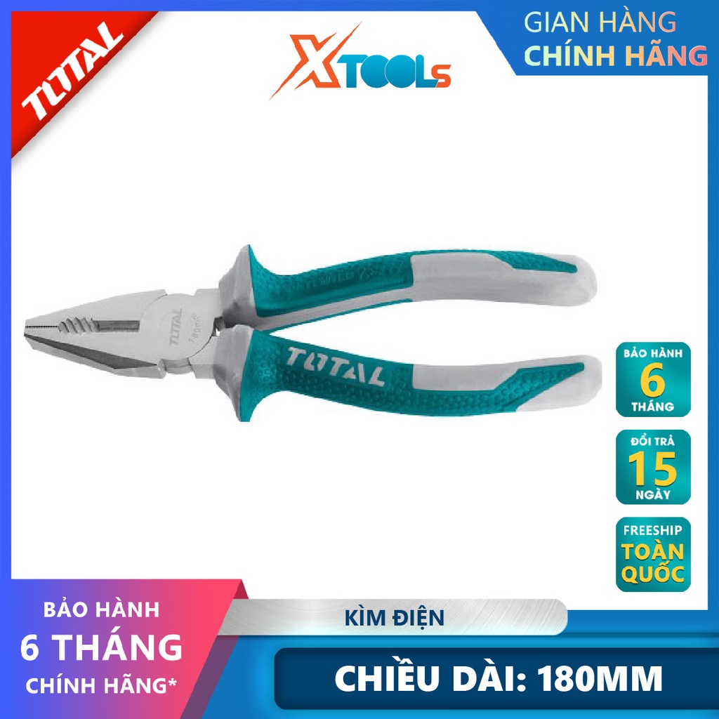 Kìm điện TOTAL THT110706P | kềm răng Kích thước 7''/180mm, CR-V, Chất liệu PP + TPR, Trọng lượng 0,2 kg bấm, cắt, tuốt (