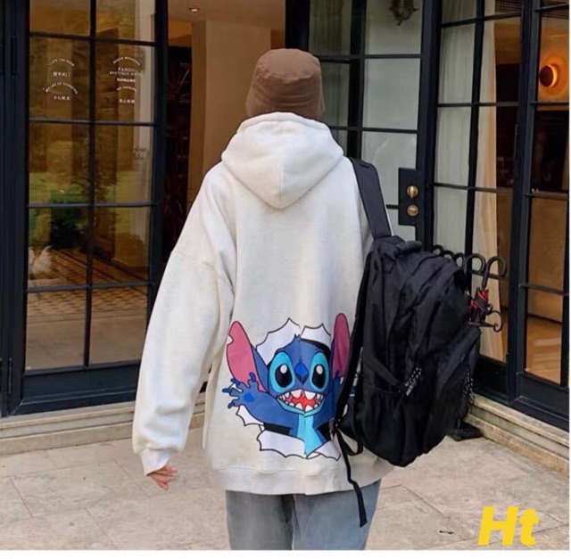 Áo hoodie nỉ mũ in Stitch chó tài thỏ xanh