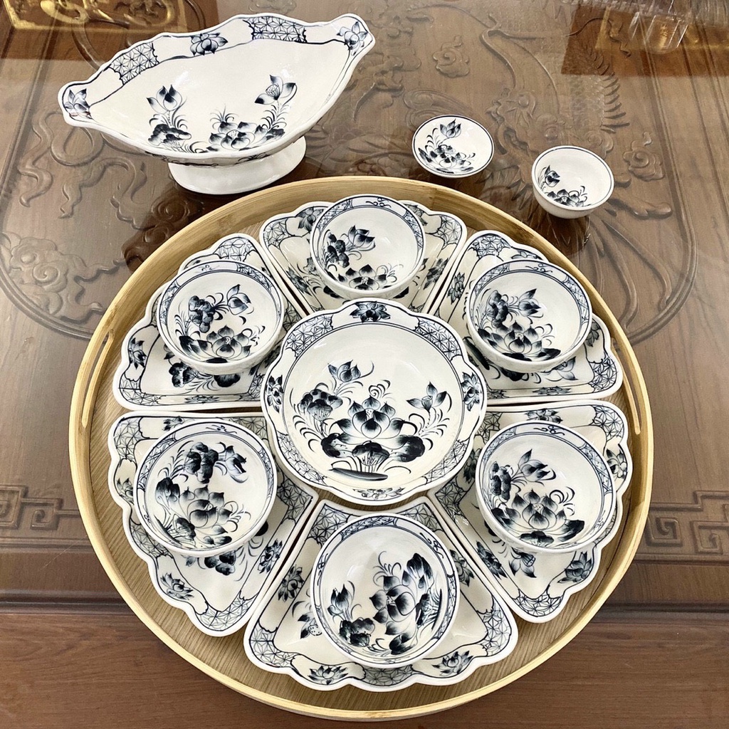 Bộ bát đĩa hoa mặt trời hàng vẽ kèm bát gà và không kèm khay gỗ - Bát ăn cơm - Gốm sứ Decor