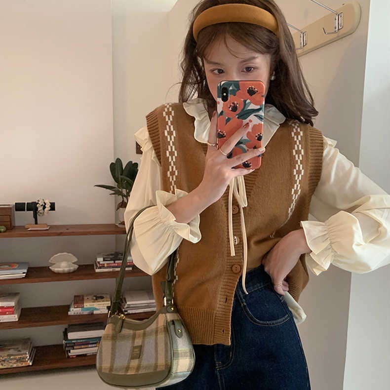 Áo len ZHELIHANGFEI không tay dáng rộng họa tiết kim cương theo phong cách đi học dễ phối đồ