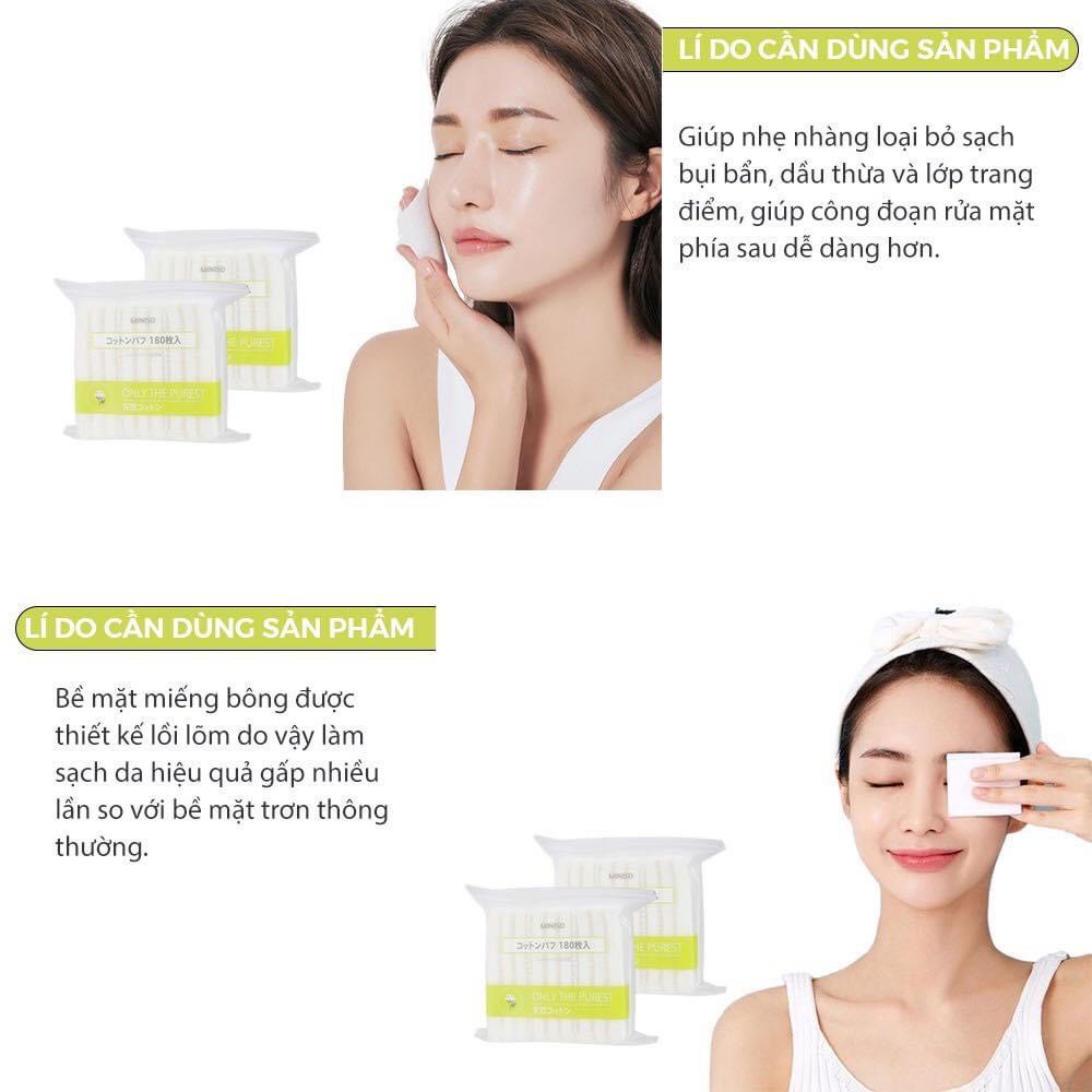 Bông tẩy trang cotton Miniso an toàn mềm mịn da 180 miếng Nhật Bản, Bông tẩy trang chính hãng Miniso 180 miếng