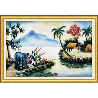 Tranh Thêu Chữ Thập (thêu toàn bộ) Làng Quê 222151 , H1709 (KHÁCH TỰ THÊU) KT:88X61CM