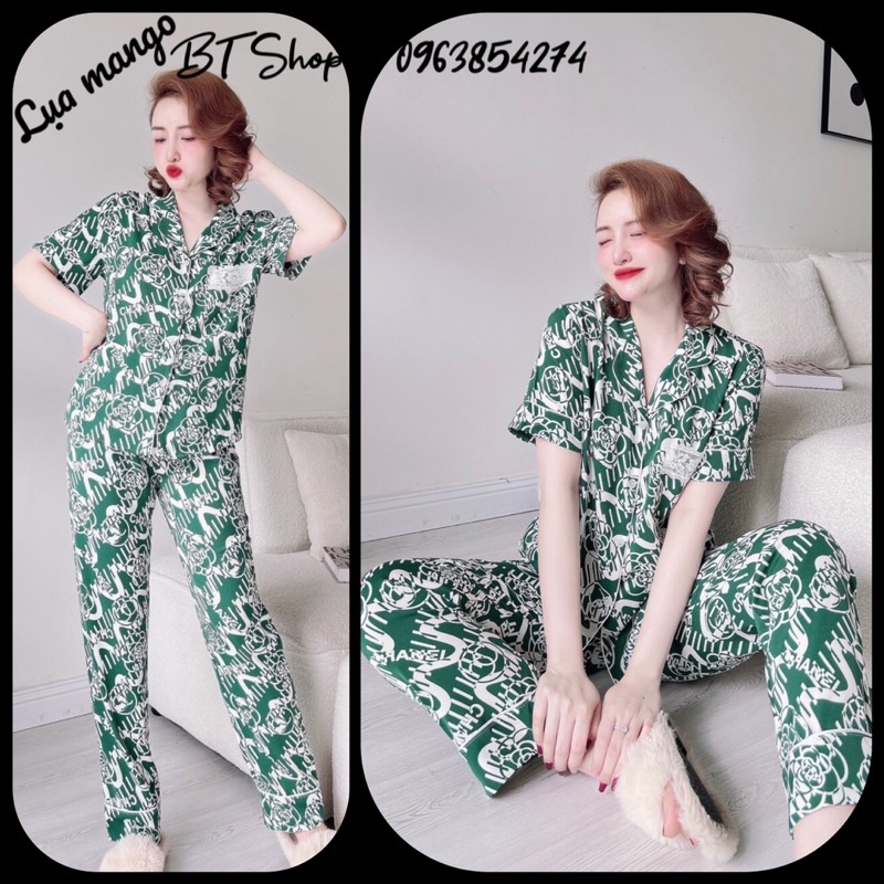 Đồ ngủ pijama lụa mango tay ngắn quần dài freesize 42-60kg