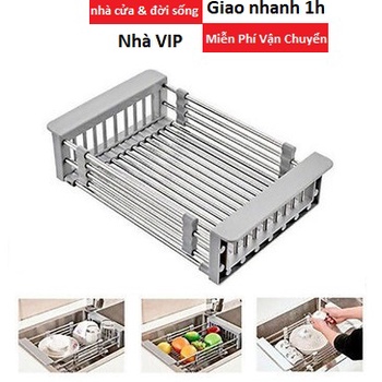 Rổ đa năng kéo, gấp đựng chén dĩa, giá gác bồn chậu chén