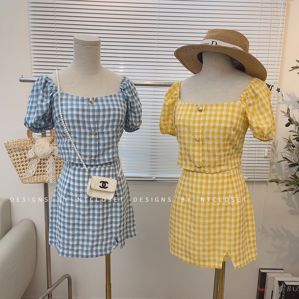 Sét đồ nữ họa tiết kẻ caro cổ U cùng chân váy MQ CLOTHING