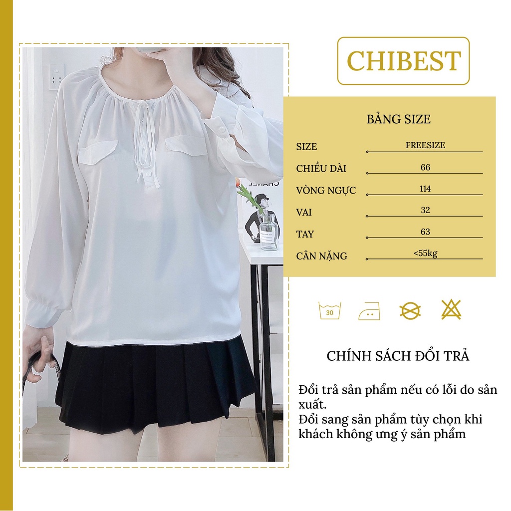 Áo kiểu nữ cổ xẻ túi nắp tay bồng dây cổ Áo xinh xắn tiểu thư nữ tính cực dễ thương  CHIBEST_AD045