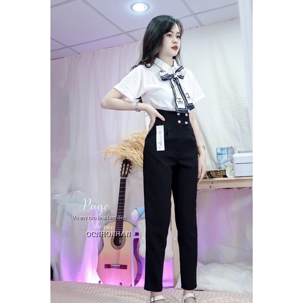 Set quần tây baggy nút phối áo sơmi nơ