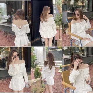 Đầm hàn trắng hai dây trễ vai cột nơ