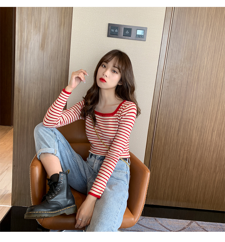 Áo thun SUXI dành cho nữ tay dài cổ vuông họa tiết sọc ngang thời trang