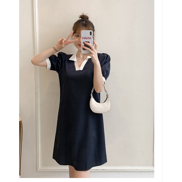 Đầm Polo Cổ Vuông Phối Màu Vai Bồng 🦋 Váy Nữ Dáng Suông Cộc Tay Màu Đen 🦋 | BigBuy360 - bigbuy360.vn