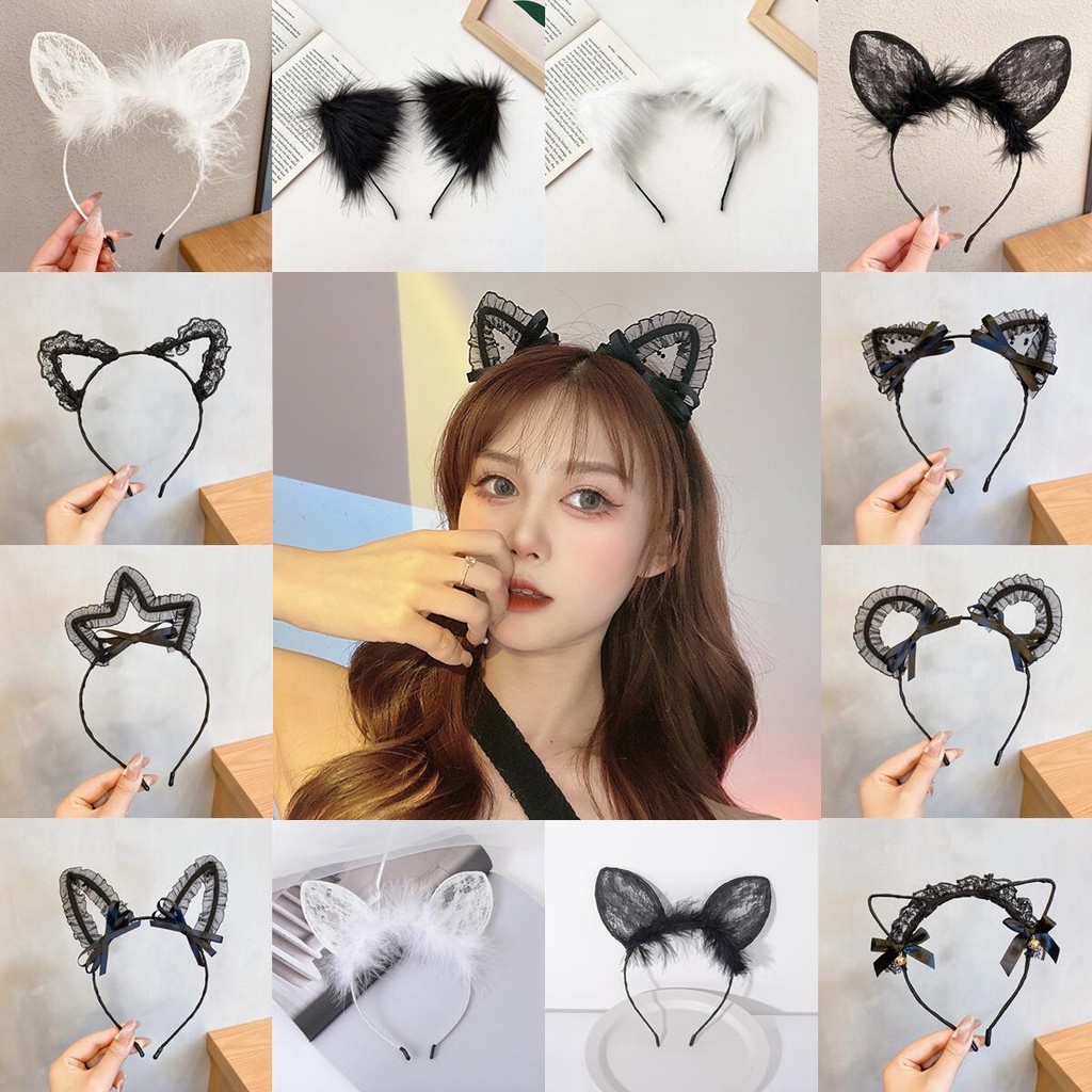 Băng Đô Cài Tóc Hình Tai Mèo Phối Ren Màu Đen Quyến Rũ Phong Cách Hàn Quốc 2022