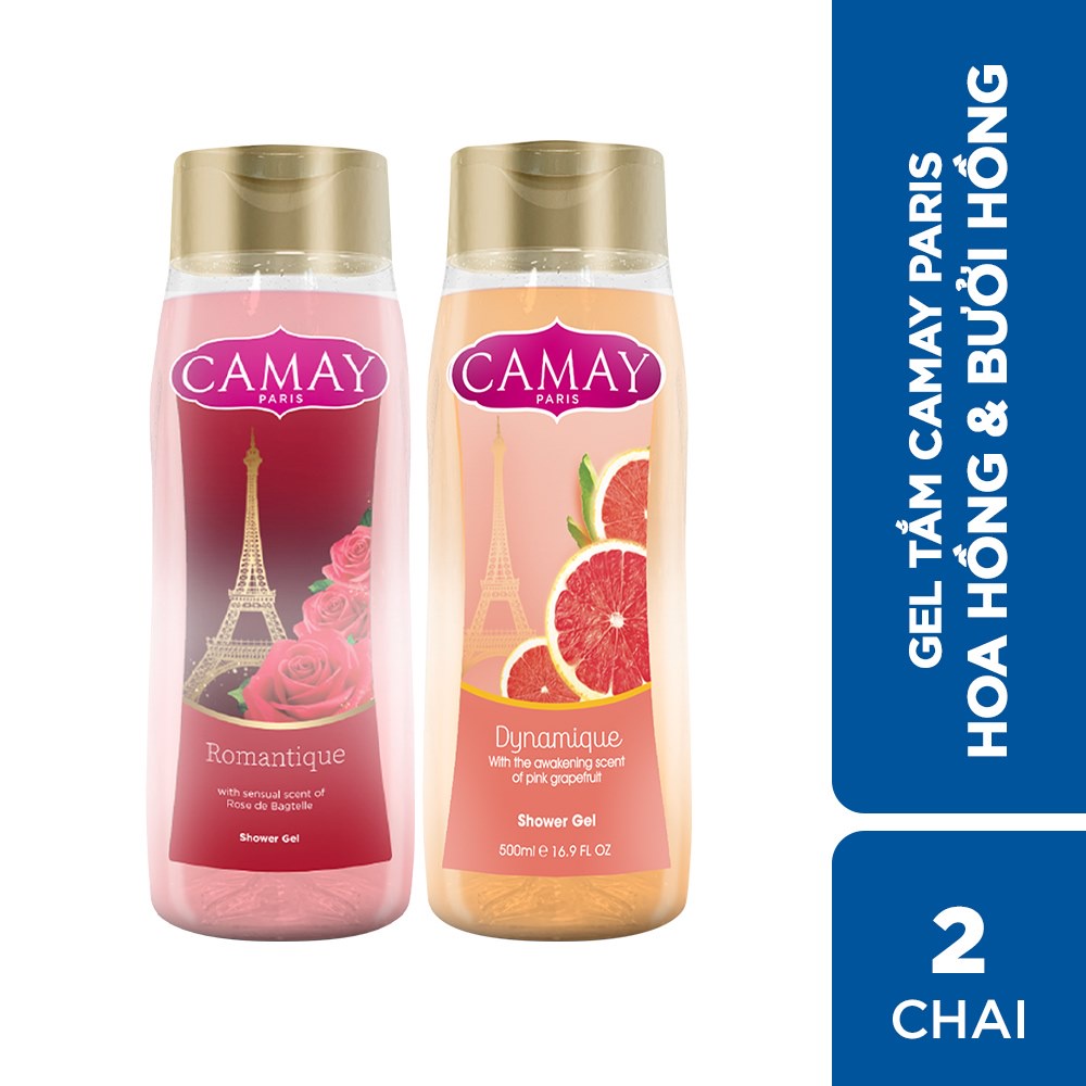 [Mã COSUI03 giảm 8% đơn 150K] Combo 2 chai Gel tắm hương hoa hồng và bưởi hồng Camay Paris 500mlx2