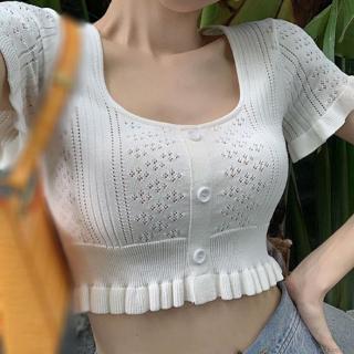 Áo Croptop Dệt Kim Cổ Vuông Hở Rốn Phối Bèo Xinh Xắn Cho Nữ