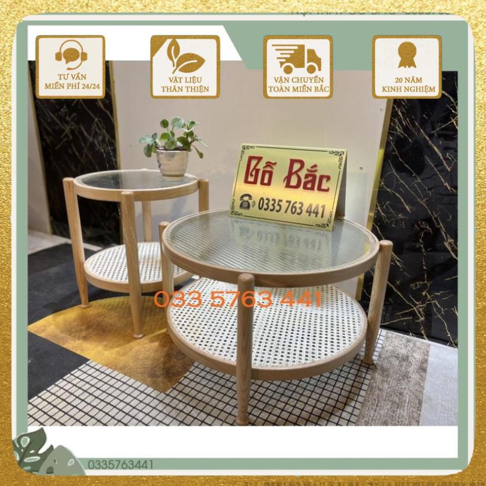 Bàn trà sofa kính sóng khung gỗ sồi 100% phối mây phong cách vintage siêu xinh hàng loại 1