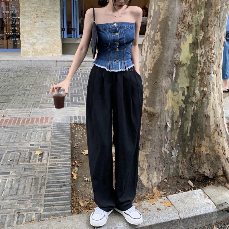 Áo Ống Ngắn Không Tay Vải Denim Thời Trang Mùa Hè Gợi Cảm Dễ Phối Đồ