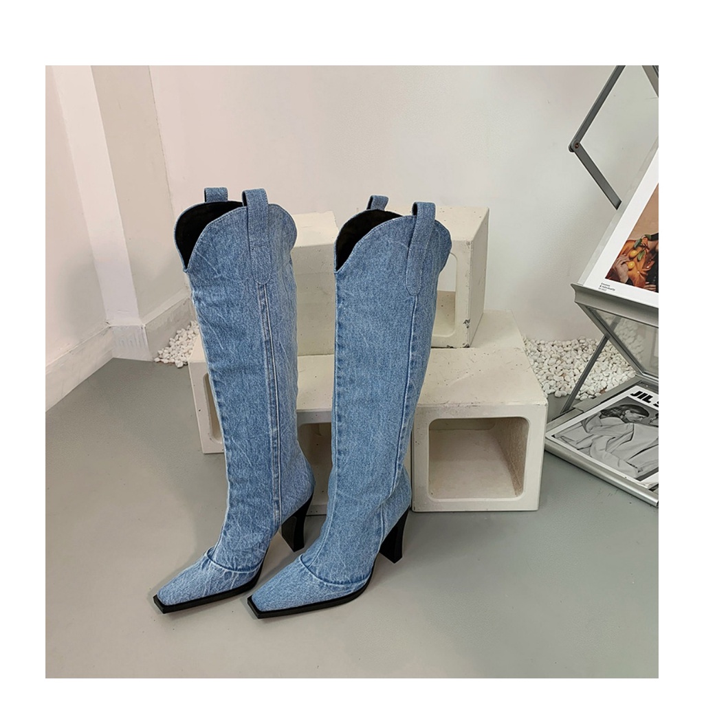 Giày Bốt Denim Cao Gót Cổ Cao Qua Gối Phong Cách Châu Âu