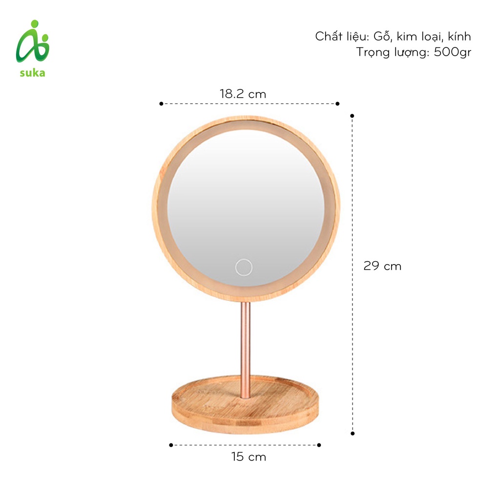 Gương gỗ trang điểm hình tròn, Gương soi có đèn LED phong cách Hàn Quốc hiện đại