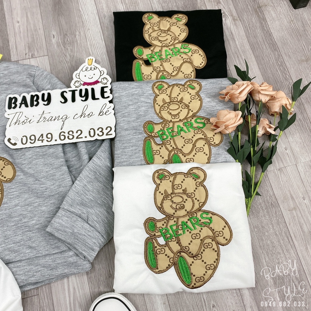 Áo thu đông bé gái &quot;BEAR&quot; 14-45kg, áo sweater dài tay cổ tròn 4-14 tuổi, gấu thêu đáp nổi xinh xắn. G47
