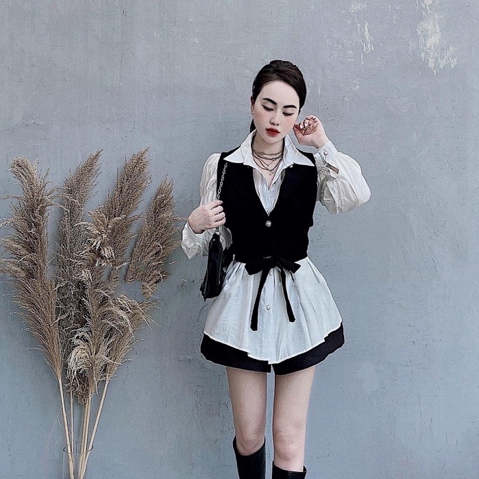 [ÁO SƠ MI] Kiểu Nữ Mix Đen 2 Chi Tiết, Áo Nữ Phong Cách Hàn Quốc Phối Chân Váy, Quần Jeans Siêu Ngầu | BigBuy360 - bigbuy360.vn
