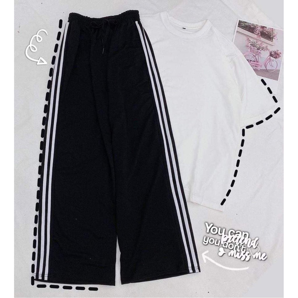 Quần ống rộng 3line Lylyshop Unisex, quần ống suông 3 sọc trắng thể dục phong cách unisex cạp chun có dây rút dễ mặc | BigBuy360 - bigbuy360.vn