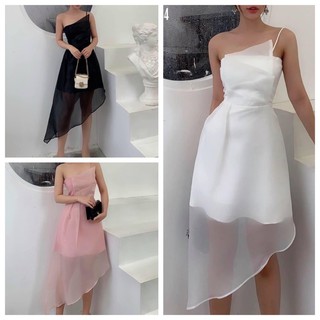 Đầm tiệc vạt chéo chất voan lụa màu đen trắng hồng