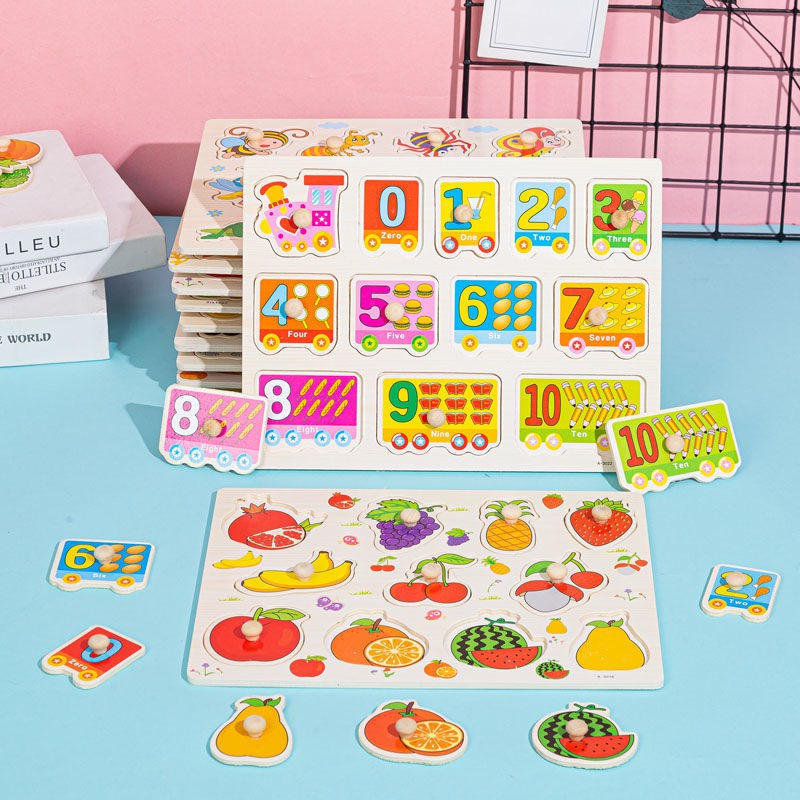 Rẻ và đẹp♗☏∏Montessori Early Learning Đồ chơi giáo dục, số, chữ cái, động vật, tay nắm bảng xếp hình bằng gỗ cho t