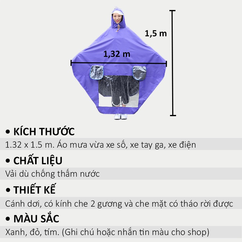 Áo Mưa 1 Người Có Kính Chắn Nước Che Mặt Cánh Dơi Chống Thấm Cao Cấp Phản Quang Có Túi Chùm Gương Chiếu Hậu