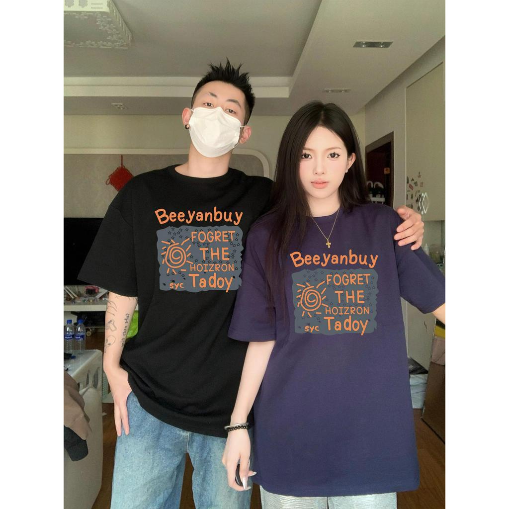 ihkke Áo thun tay ngắn màu đen in họa tiết phong cách Hàn Quốc thời trang cho cặp đôi