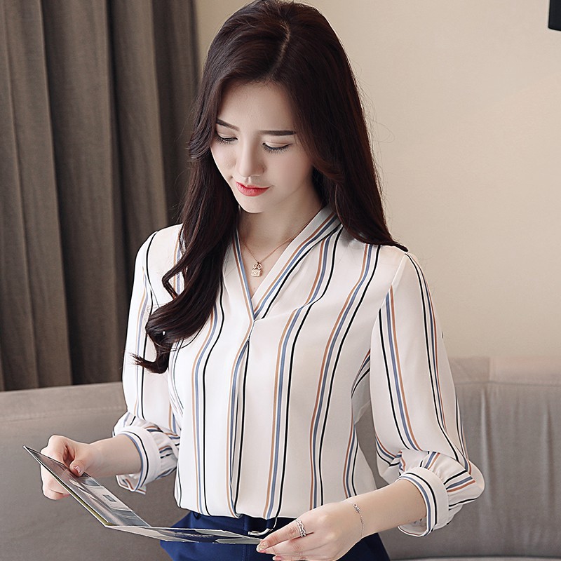 Áo sơ mi tay lỡ chất Chiffon hoạ tiết kẻ sọc thời trang công sở