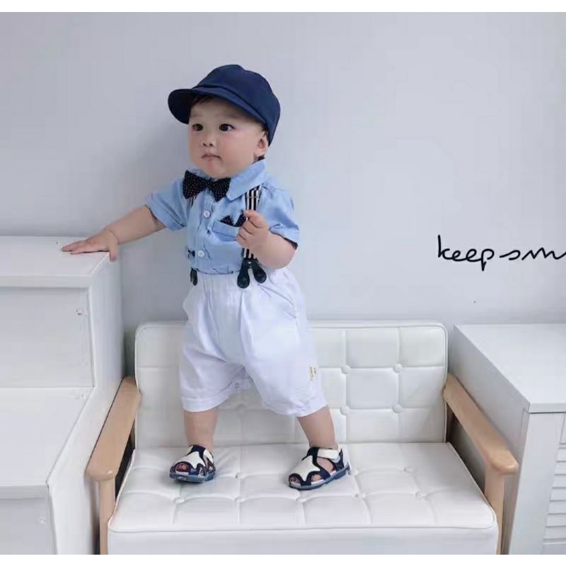 Quần áo sơ sinh cho bé trai  áo sơ mi xanh quần yếm short trắng vải lụa mềm mại thoải mái cho bé vận động