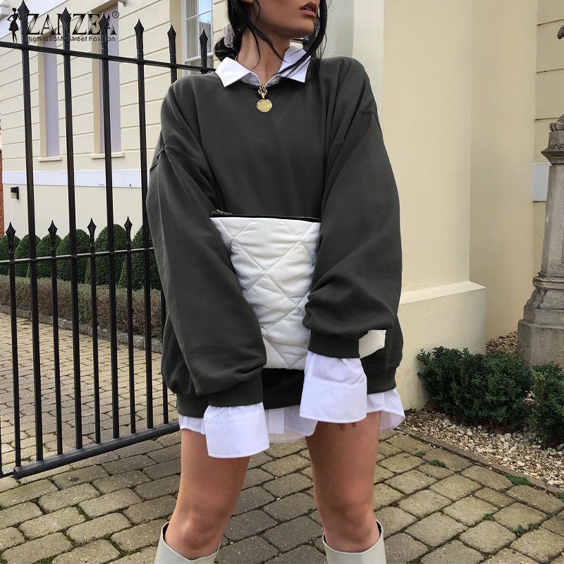 Áo sweatshirt nữ ZANZEA màu trơn cổ tròn tay dài thời trang đường phố Vintage kiểu Mỹ | BigBuy360 - bigbuy360.vn