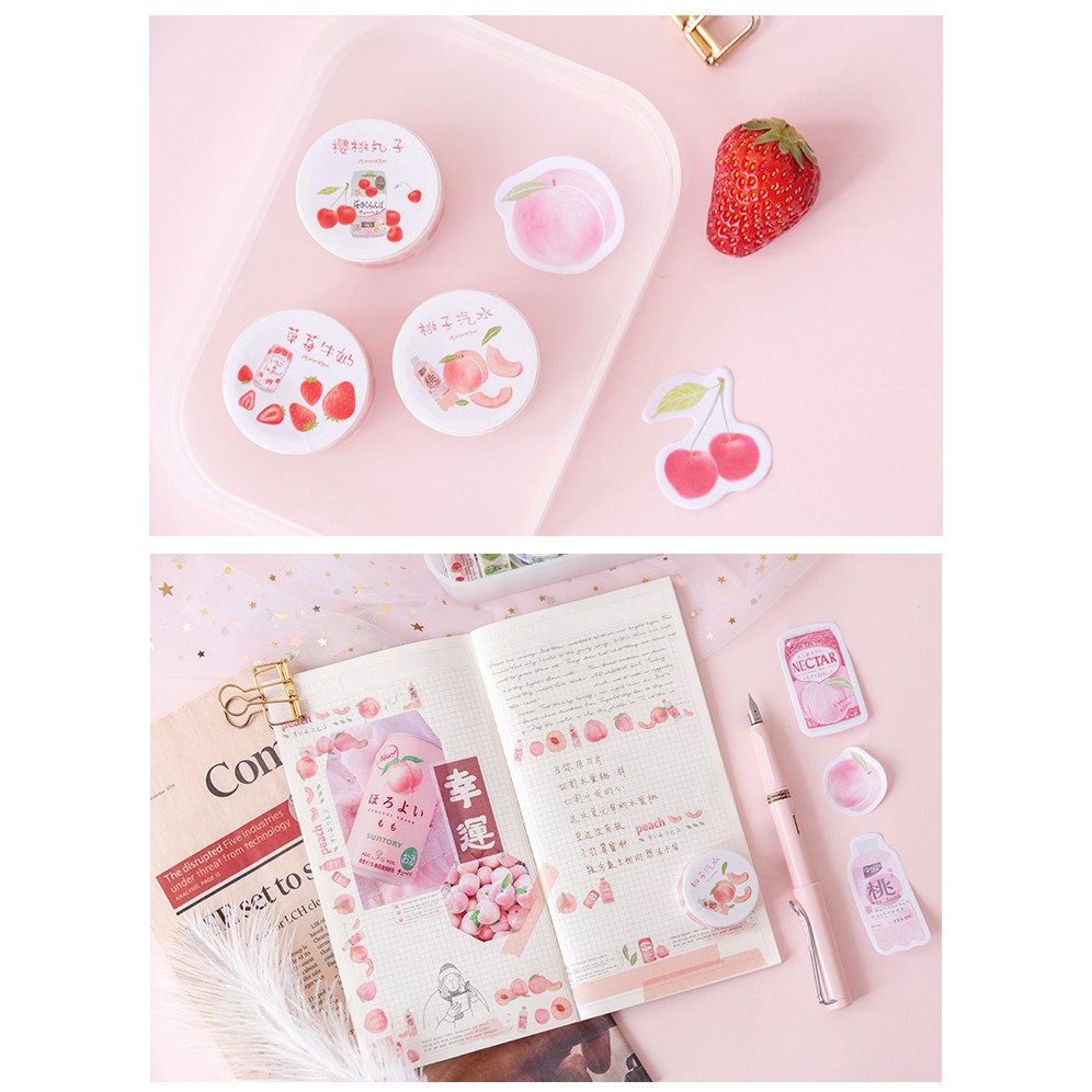 Băng keo washi tape trái cây đáng yêu trang trí sổ tay planner/ sticker đào cam soda dâu nho