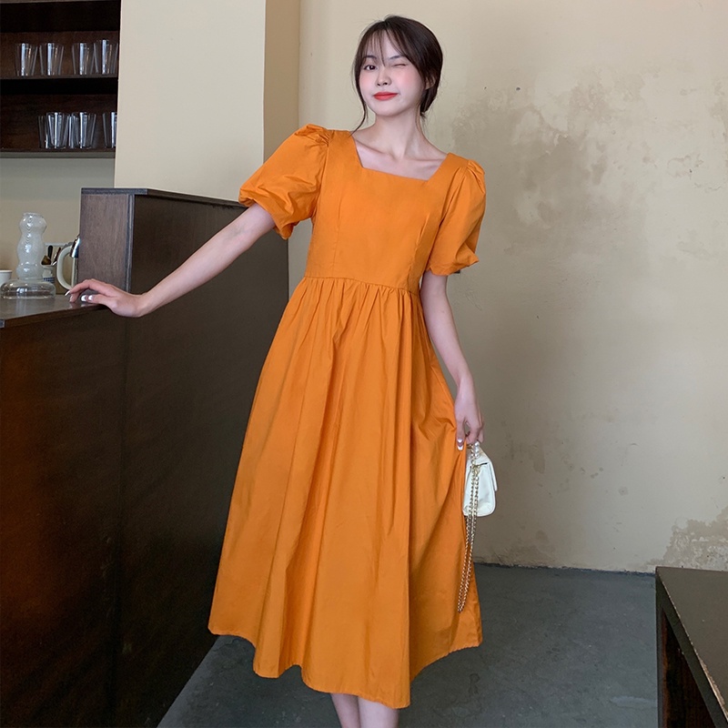 Đầm Perty tay phồng cổ vuông hở lưng phong cách Pháp thời trang cho nữ