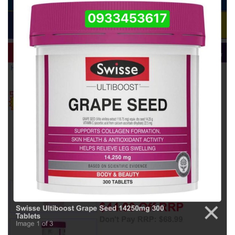 tinh chất hạt nho Swisse Grape Seed 300 viên Úc ( có bill)