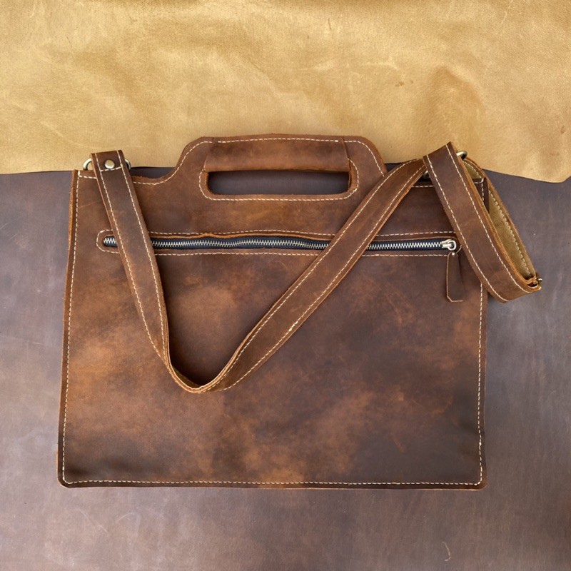 Túi xách công sở da bò cao cấp handmade vintage đựng vừa laptop 14 inch | BigBuy360 - bigbuy360.vn