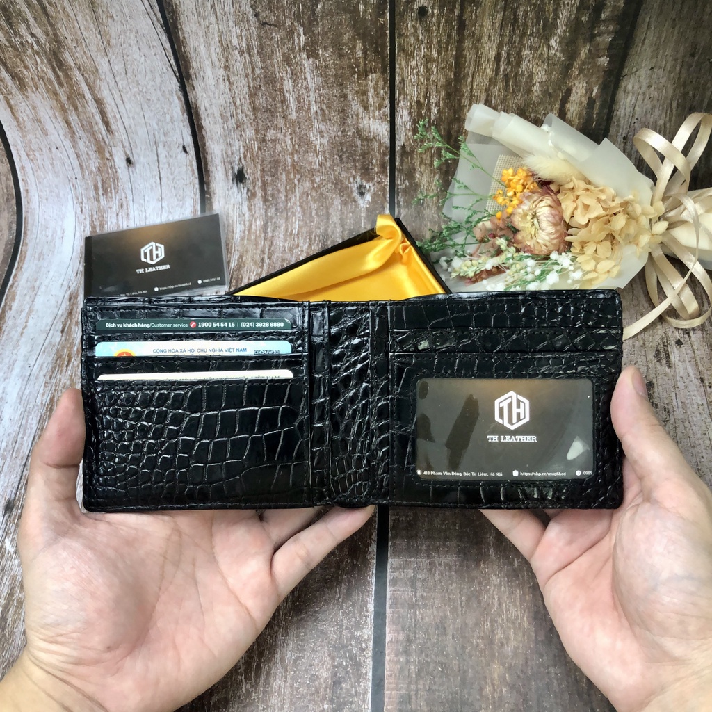 Ví Da Cá Sấu Gù Đầu 2 Mặt, Bóp Nam Da Gai Lưng Gù Đầu 2 Mặt Màu Đen, Kiếu Dáng Ngang - BH 24 Tháng