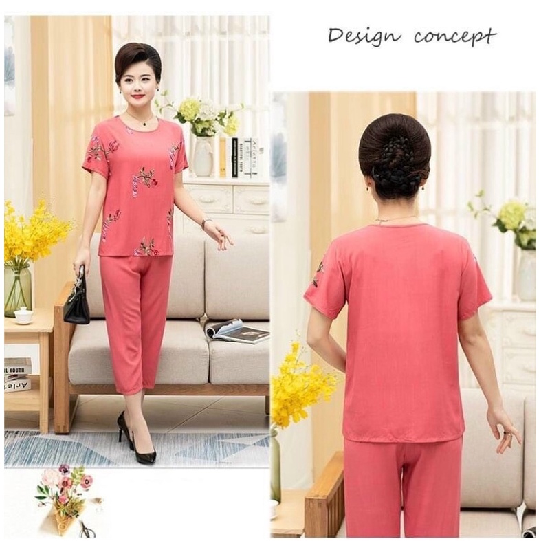 Bộ lanh thêu hoa trung niên cực mát