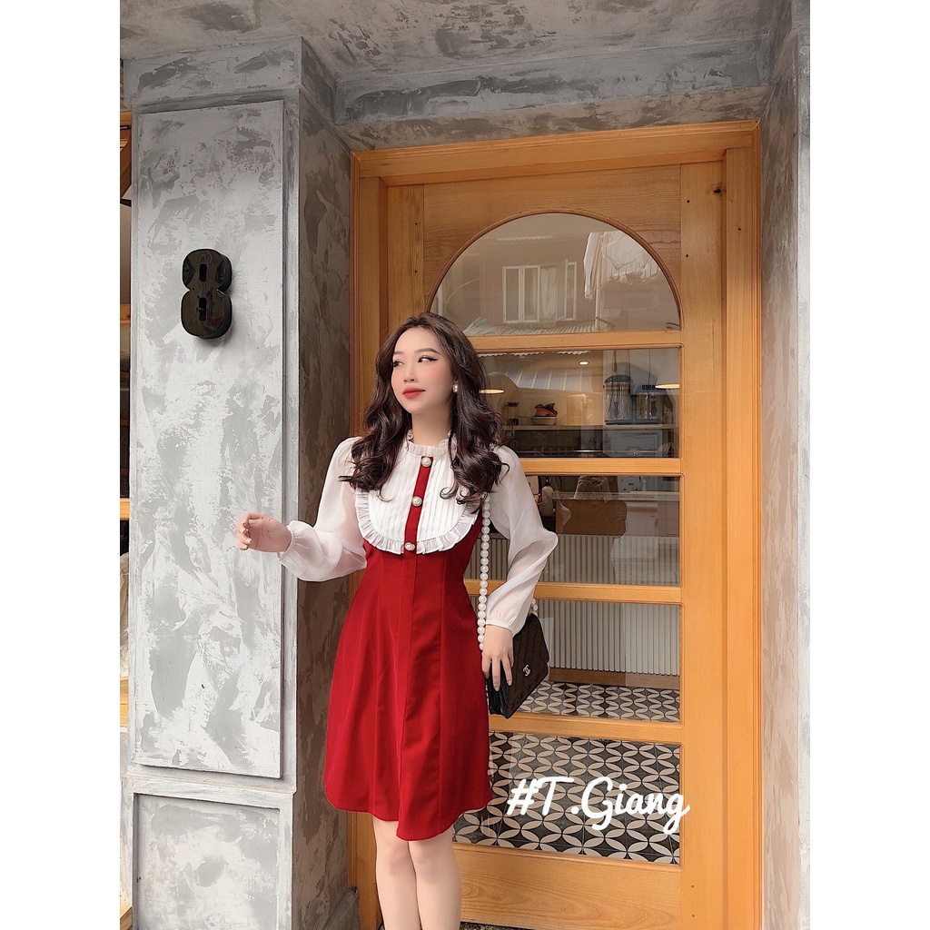 Váy nhung phối cổ bèo tay bồng Chất nhung 2 da loại cứng lên chuẩn form Khoá lưng cẩn thận