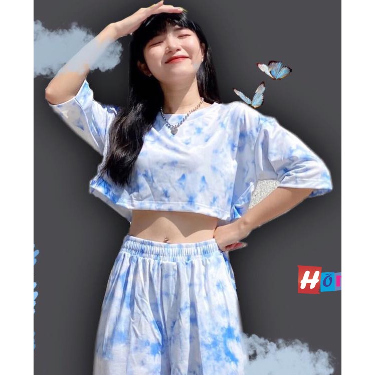 Áo Croptop Loang Màu Xanh Dương Tay Lỡ 3D Oversize Ulzzang Dáng Rộng - MM