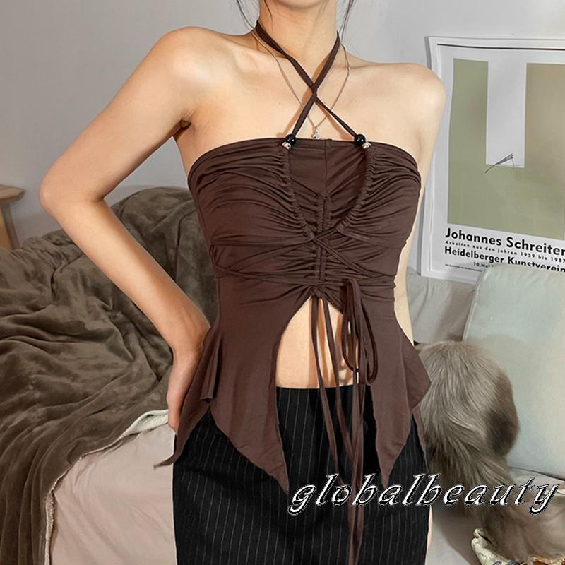 Áo Croptop Màu Trơn Dây Rút Cổ Yếm Kiểu Bất Đối Xứng Thời Trang Cho Nữ