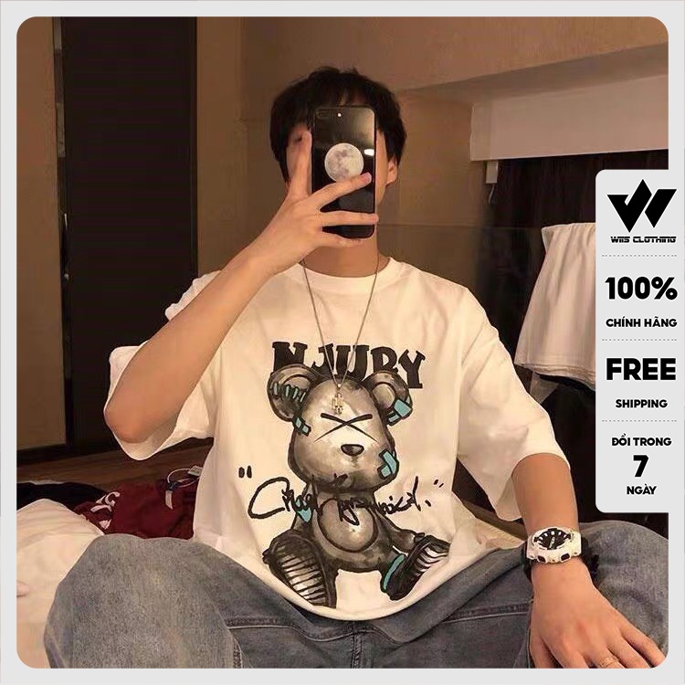 Áo phông nam WIIS tay lỡ unisex form rộng Gấu NJURY thun oversize nam nữ ulzzang