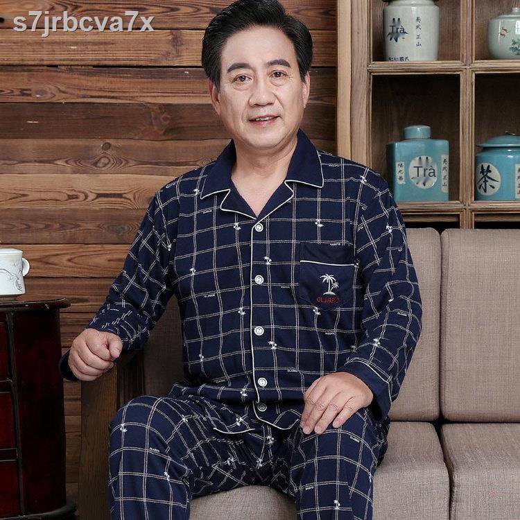 Bộ đồ ngủ nam giới trung niên và cao tuổi cotton dài tay mùa xuân thu đông người cha lớn cỡ phục vụ tại nhà