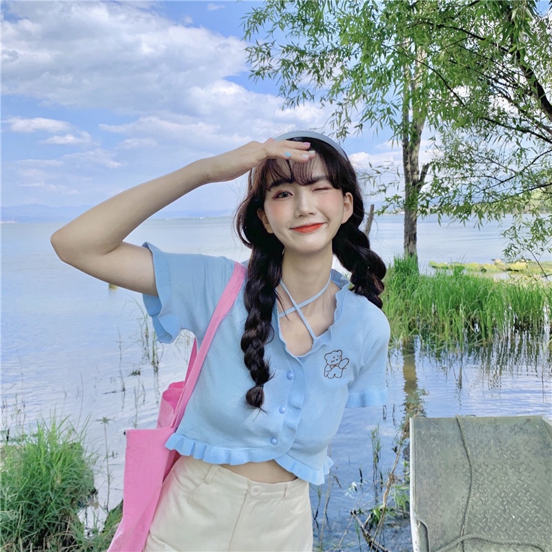 ZHELIHANGFEI grandma Áo Cardigan Dệt Kim Tay Ngắn Thiết Kế Tai Gấu Ngọt Ngào Phong Cách Mùa Hè Niche