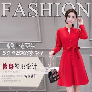 Đầm công sở cổ trụ cài cúc thắt nơ eo cao cấp