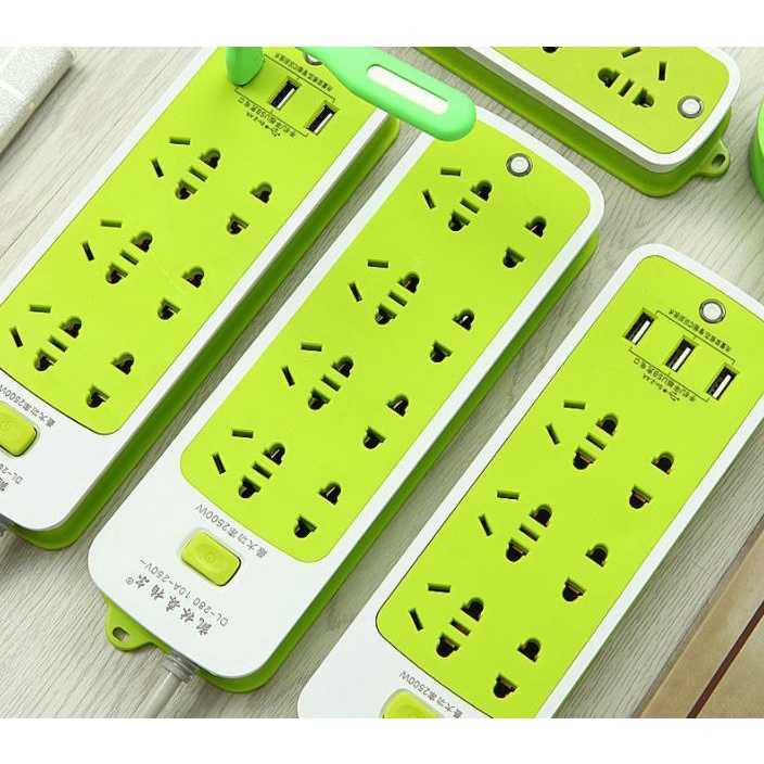 Ổ cắm điện đa năng chống giật 6 phích cắm 3 cổng usb (xanh lá ) vinhhome.store
